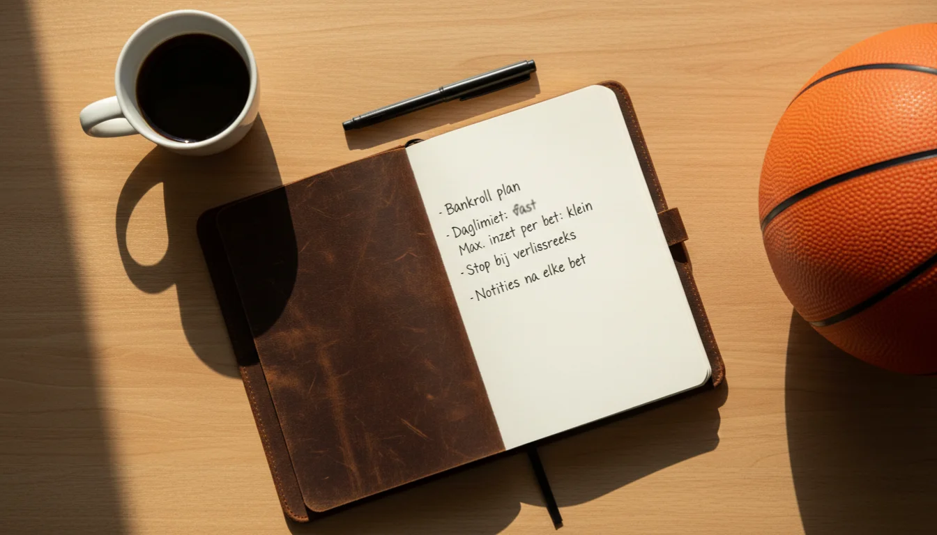 Gestructureerd notitieboek met wedbudget-planning naast een basketbal
