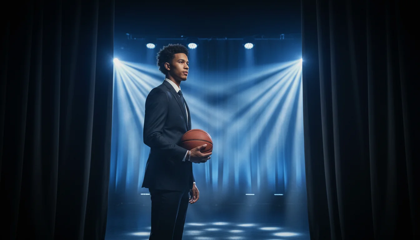 Jonge NBA-speler met een basketbal tijdens de draft als symbool voor rookie-weddenschappen