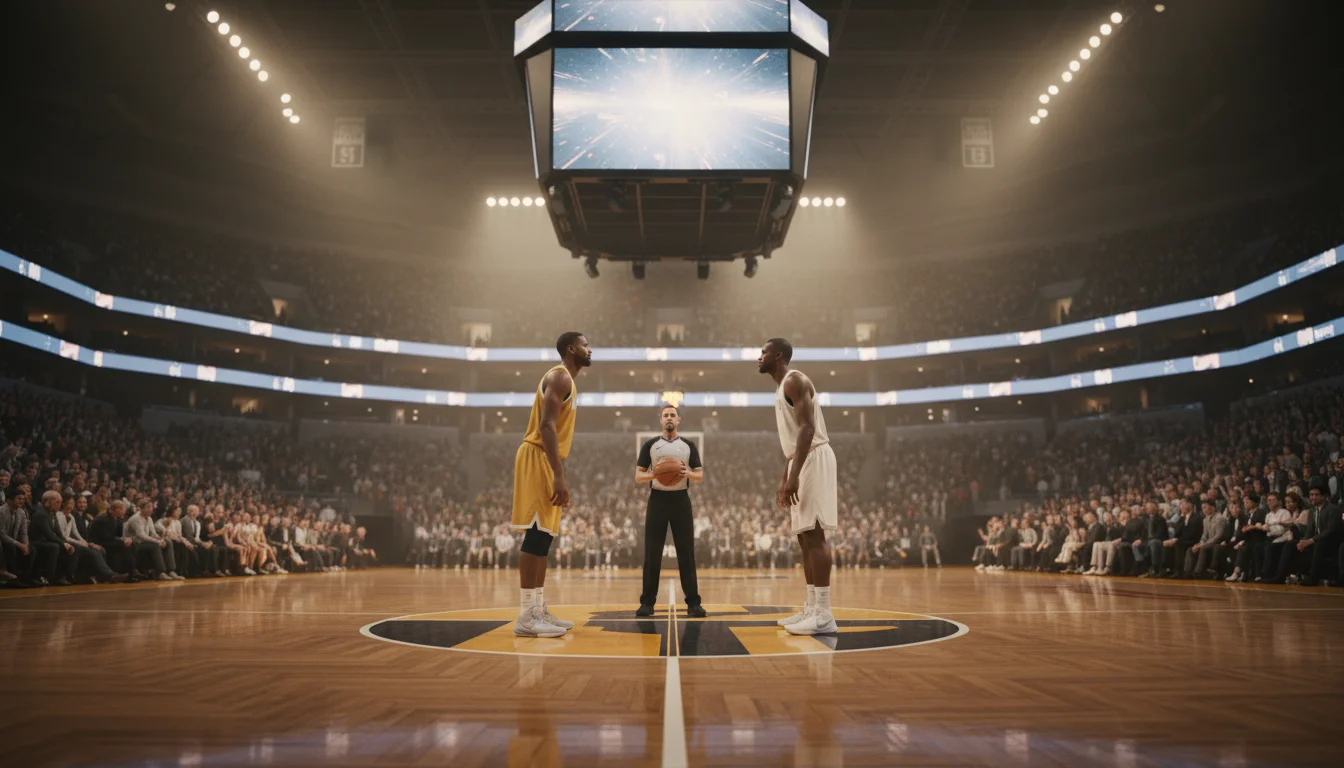 NBA Finals-sfeer in een arena met felle spotlichten en spanning