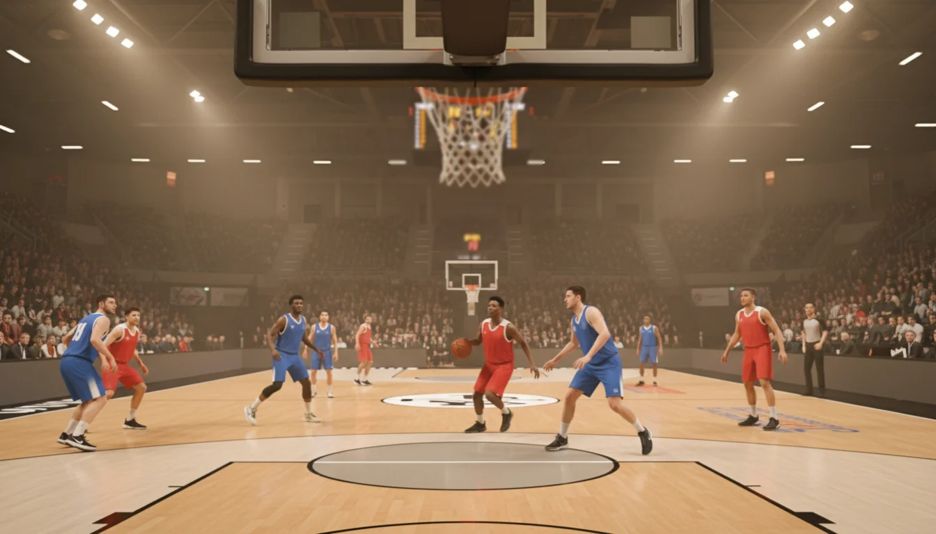 NBA basketbal arena met scorebord tijdens een wedstrijd