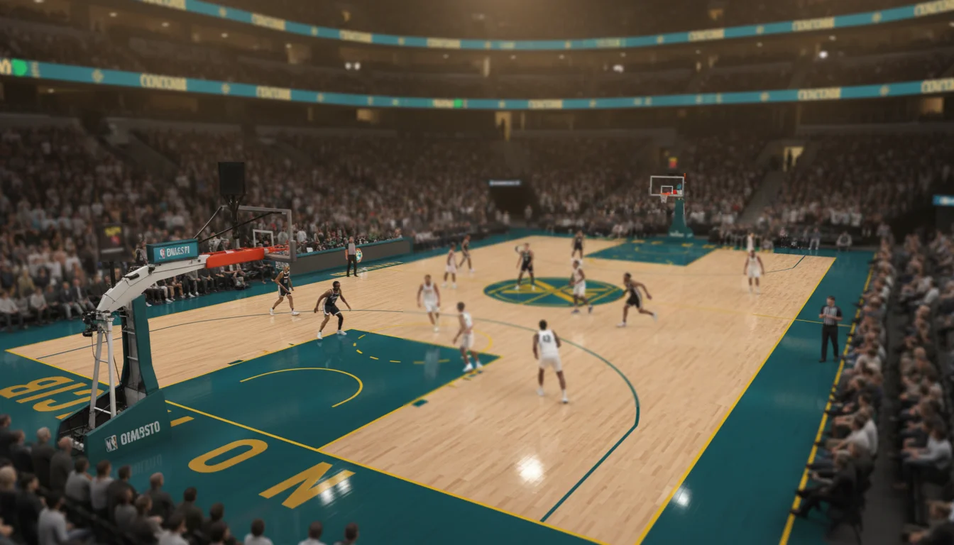 NBA Cup-wedstrijd op een speciaal gekleurd basketbalveld