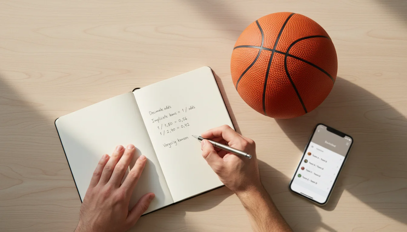 Persoon berekent NBA-odds met pen en notitieboek naast een basketbal