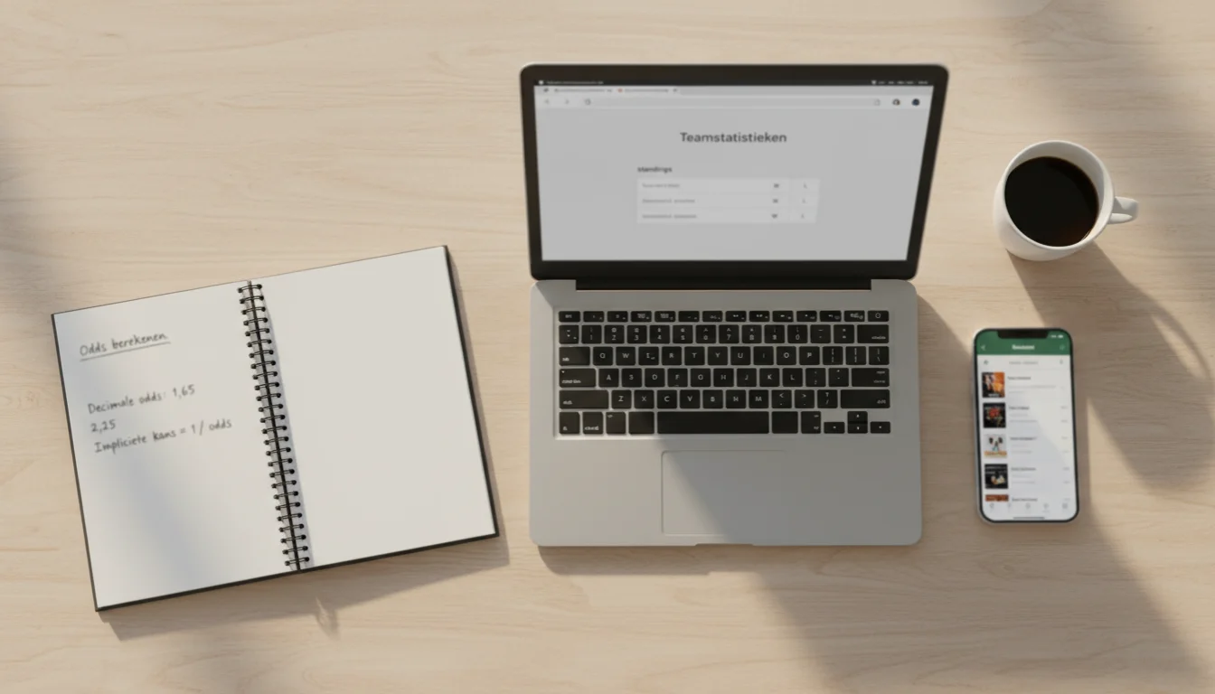 Notitieboek met NBA-wedstrijdanalyse en berekeningen naast een laptop