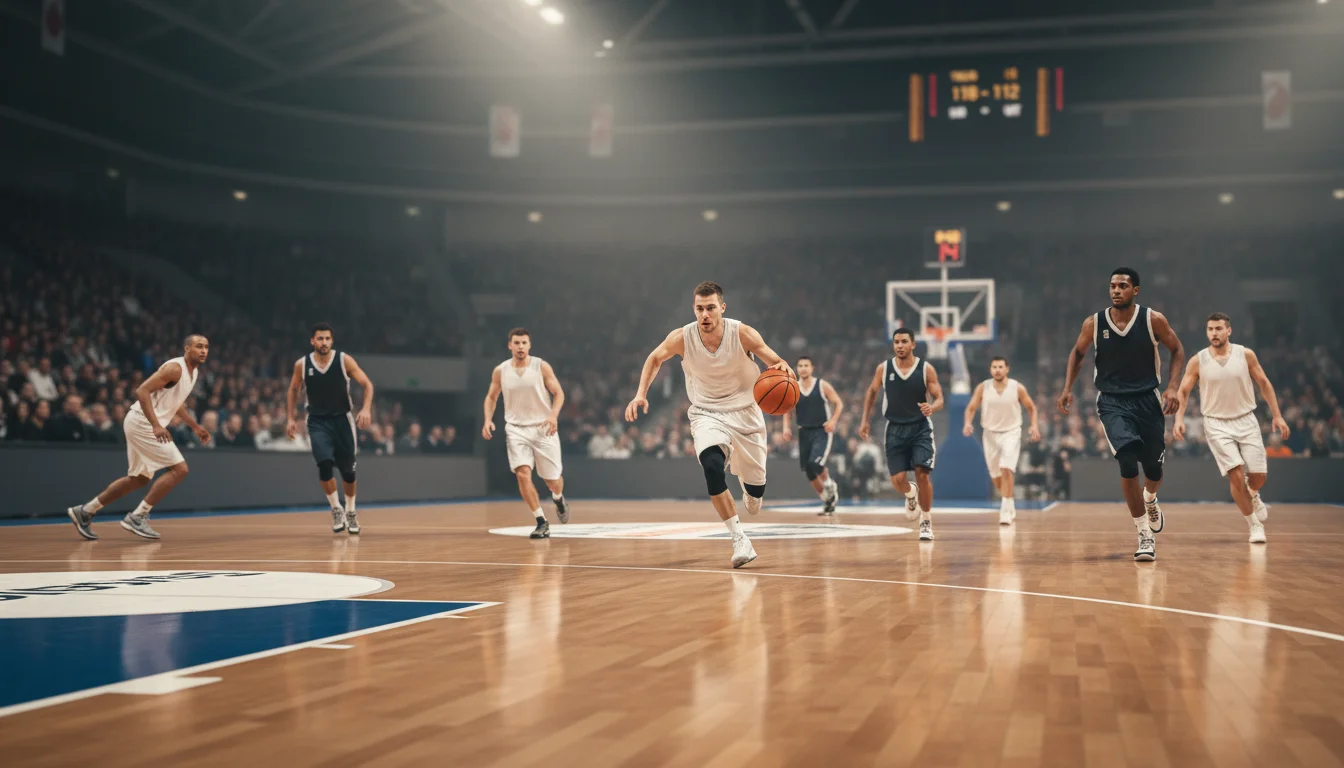 Hoge score op NBA-scorebord tijdens een snelle basketbalwedstrijd