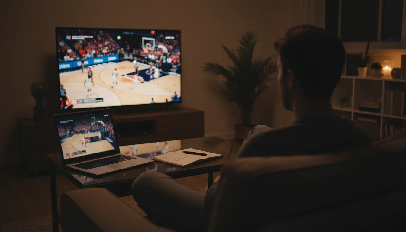 Meerdere NBA-wedstrijden tegelijk op schermen als symbool voor parlays