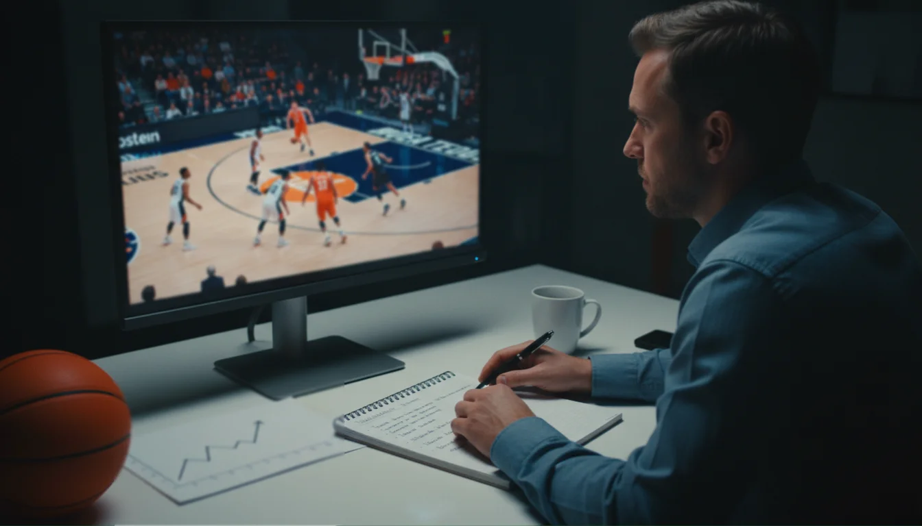 NBA wedstrategie met basketbalveld en statistieken op een notitieboek