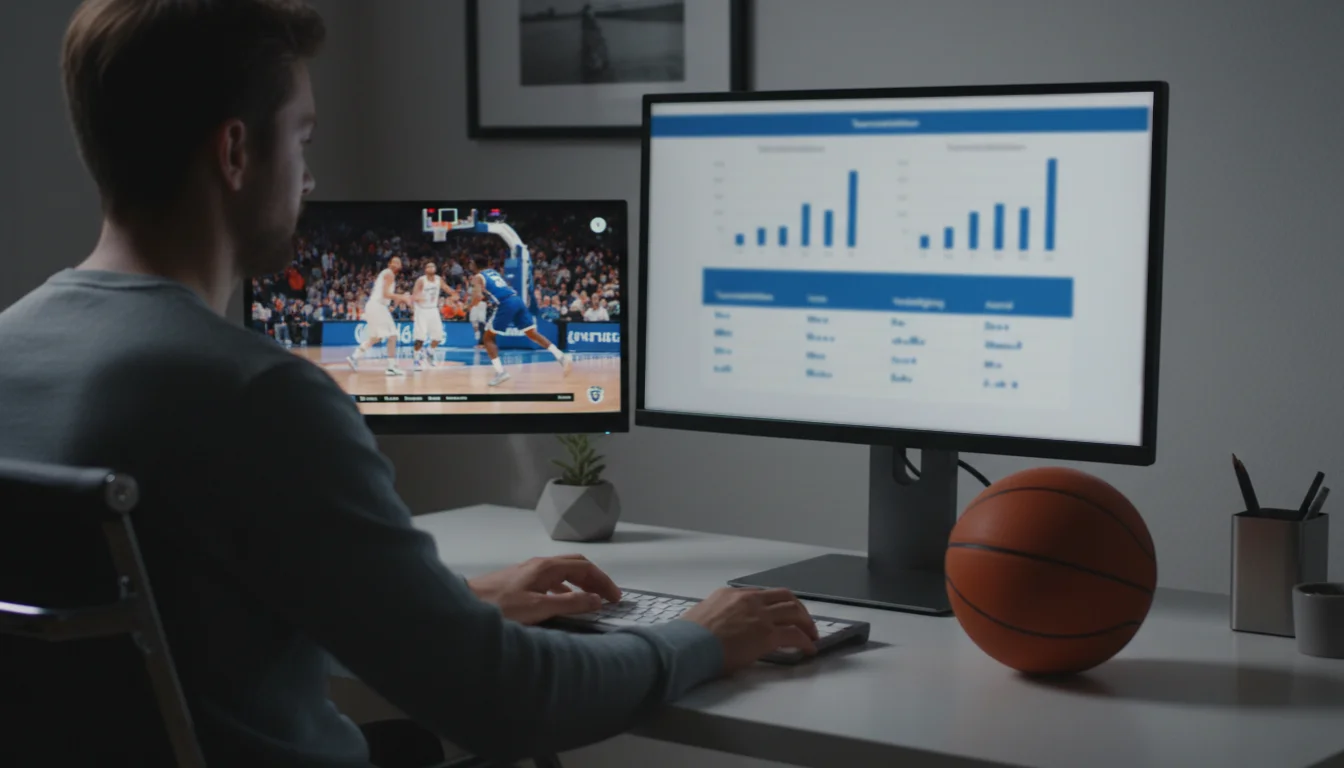 Persoon analyseert NBA-statistieken op een laptopscherm