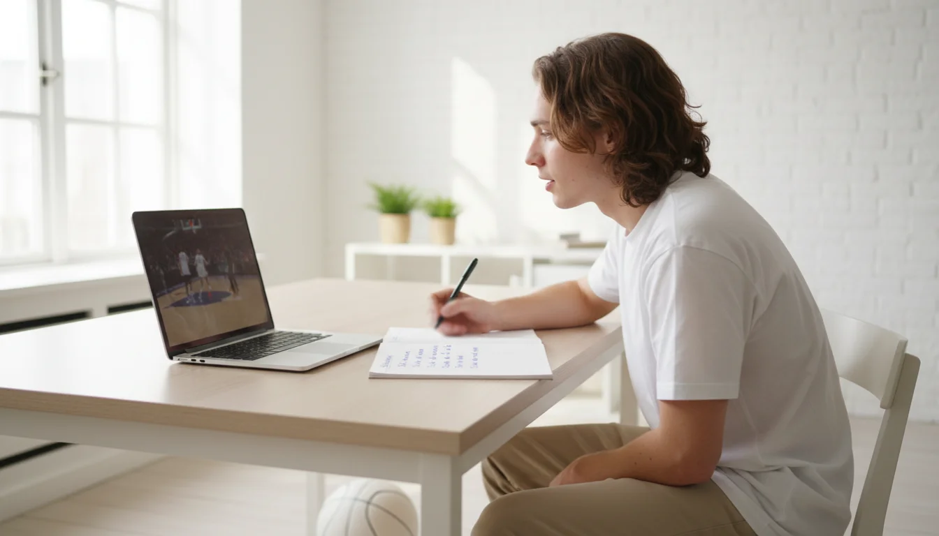Beginner bestudeert NBA-wedstrijden op een laptop als eerste stap